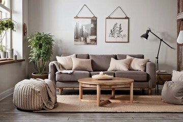 Brown sofa cushion, modern Scandinavian style living room Decorated with earth tones.