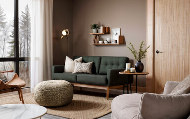 green cushion, modern Scandinavian style living room Decorated with earth tones.