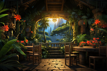 Naklejka premium Watercolor painting of Medieval European Village street, cottages and decorations.