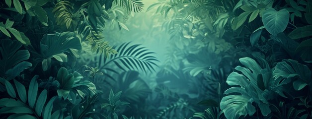 Fototapeta na wymiar tropical leaves jungle background, in the style of dark aquamarine and green