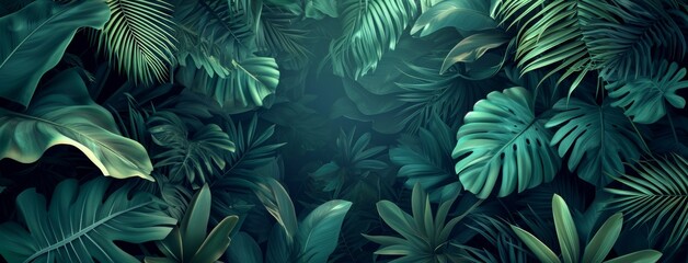 Fototapeta premium tropical leaves jungle background, in the style of dark aquamarine and green