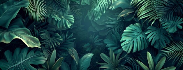 tropical leaves jungle background, in the style of dark aquamarine and green