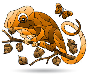 An illustration in the style of a stained glass window with a chameleon, an animal isolated on a white background, tone brown