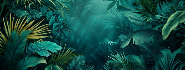 tropical leaves jungle background, in the style of dark aquamarine and green - obrazy, fototapety, plakaty