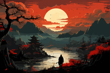 a samurai walking to the sun and Mountain Illustration