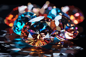 Clear round brilliant cut diamond standing on its point on black mirror background. Close-up side view, 3D rendering illustration