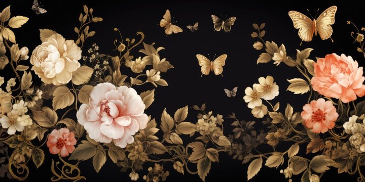 Luxurious vintage-style seamless pattern with beautiful flowers, butterflies, and black and gold foil print, suitable for various uses.