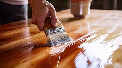  a person wiping a paint brush over wood on a table, 