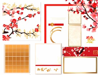 和風金と赤と桜モチーフフレーム背景素材