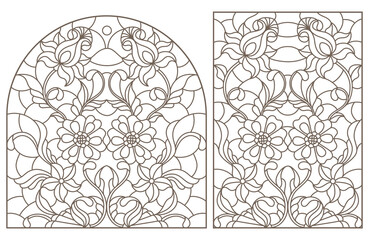 Set contour illustrations of stained glass with abstract swirls and flowers , dark outlines on a white background