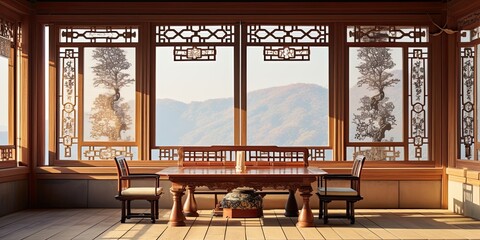 Traditional Korean architecture featuring sliding doors and a small table with chairs in the interior. - obrazy, fototapety, plakaty