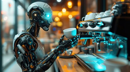 A robot barista makes coffee in a coffee shop - obrazy, fototapety, plakaty