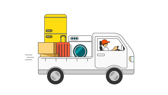 recommend clip art: Moving concept illustration. Moving service small truck and driver. Refrigerator, washing machine, suitcase, boxes, etc.