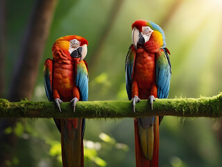 A beautiful loving couple macaw perching on top