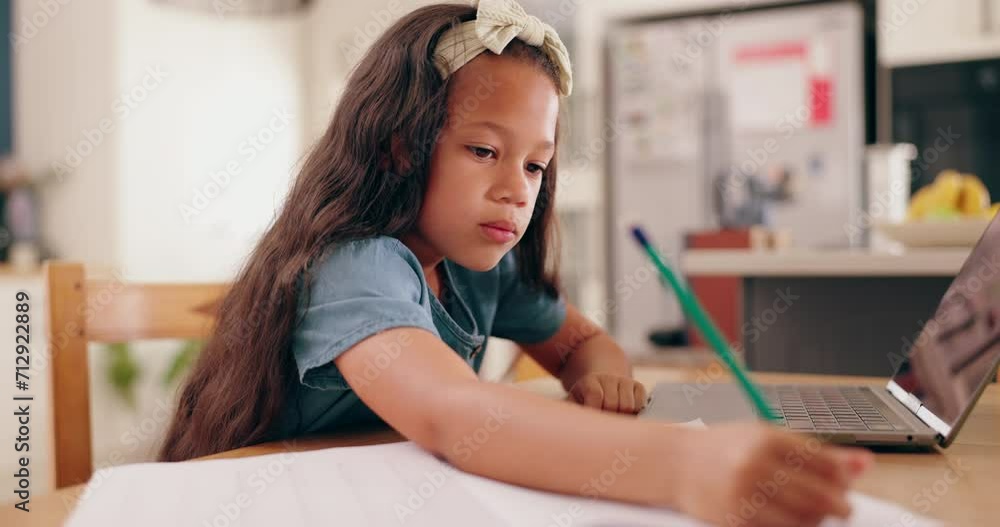 Poster girl, learning and writing with pencil, homework and book for development, knowledge and thinking at