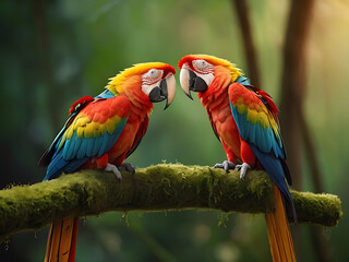 A beautiful loving couple macaw perching on top