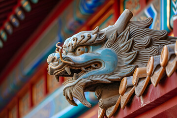 Dragon statue on the wall of the Chinese temple, closeup of photo