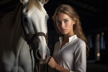 An elegant portrait of a young woman with a serene white horse in a stable