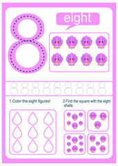 Kids learning material. Card for learning numbers. Number 8