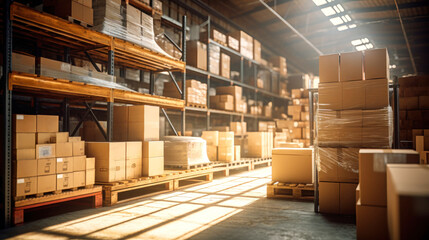 Interior of a warehouse or industrial building. Distribution center, retail warehouse. Part of the storage and shipping system. Includes a box on a shelf, an empty space and a concrete floor.