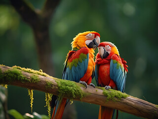 Obraz premium A beautiful loving couple macaw perching on top