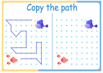 Cute Animals activities for kids. Copy the path . Logic games for children. Vector illustration. Book square format.
