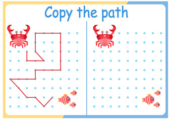 Cute Animals activities for kids. Copy the path . Logic games for children. Vector illustration. Book square format.