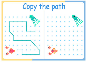 Fototapeta na wymiar Cute Animals activities for kids. Copy the path . Logic games for children. Vector illustration. Book square format.