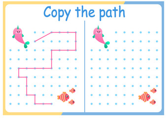 Cute Animals activities for kids. Copy the path . Logic games for children. Vector illustration. Book square format.