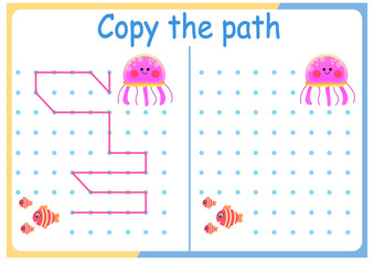 Cute Animals activities for kids. Copy the path . Logic games for children. Vector illustration. Book square format. 