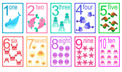 Children's learning material. Card for learning numbers. Number 1-10. Funny fish