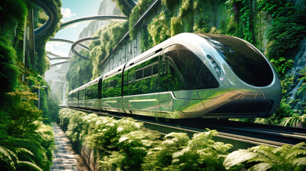 Futuristic city with densely planted trees and greenery, ecological future cityscape with electric transport, electric city train.