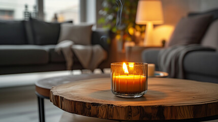 Close up of round glass jar with burning candle on rustic wooden coffee table. Lamp on side table near grey sofa. Minimalist loft home interior design of modern living room