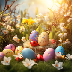 Fototapeta na wymiar Happy easter day colorful eggs and bunny and butterfly on fresh green grass decorative background.