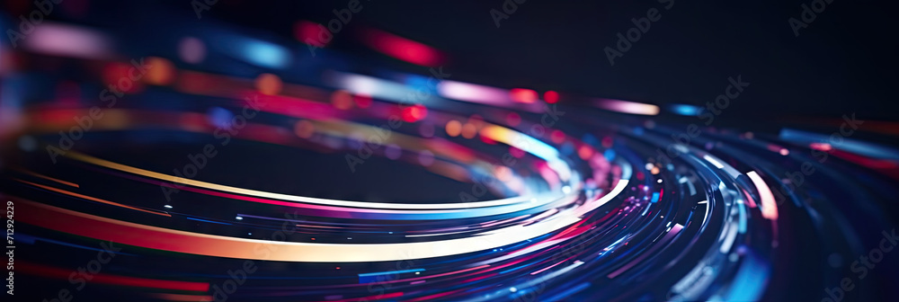 Wall mural 3d abstract background with space, colorful lines moving through a dark circular space,