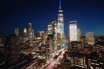 New York City Manhattan at sunrise. Manhattan at Night. NYC Night aerial view of Midtown Manhattan....