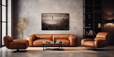 Modern interior with a spacious room hosting a leather sofa and armchair.