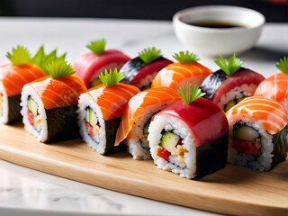 realistic, perfectly composition, dof, wide angle photo, macro, hightly detailed, copy space, sushi.