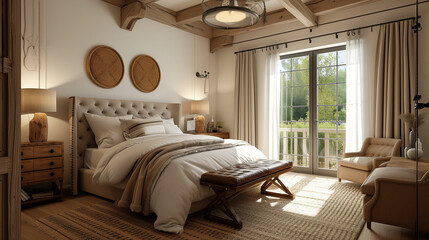 Fototapeta premium French country interior design of modern bedroom in farmhouse