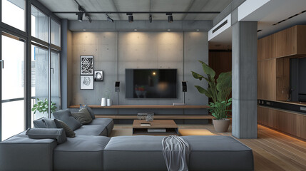  Gray sofa and tv unit in loft interior design of modern living room