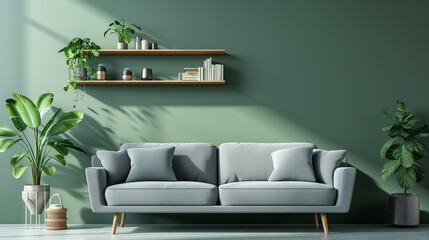 Grey sofa against green wall with floating shelf. Scandinavian home interior design of modern living room