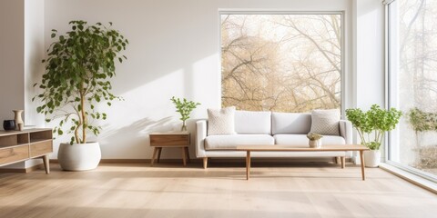 Modern furnished living room with large windows, white walls, and hardwood floor.