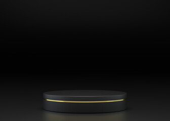 Black round podium for presentation cosmetic products, goods, advertising, design in soft gradient, in modern simple style, copy space