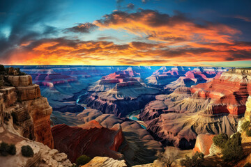 Experience the majesty of the Grand Canyon during a vibrant sunset. Witness the breathtaking beauty of this iconic natural wonder. AI generative.