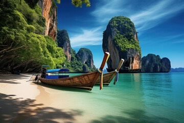 Exotic Phuket landscape: tropical island with boat in panoramic view. AI Generative.