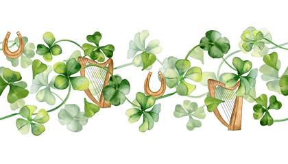 Seamless border with harp and shamrock watercolor illustration isolated on white. Painted clover...