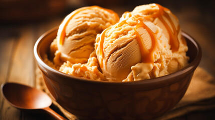 お皿に盛り付けたキャラメルソースのアイスクリーム