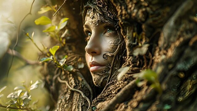 As she gazes out from her tree, the dryads heartshaped face is filled with a peaceful contentment, a testament to the evergreen bond between nature and spirit. Fantasy animatio