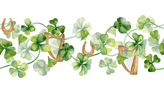 Seamless border with harp and shamrock watercolor illustration isolated on white. Painted clover and horseshoe. Hand drawn Irish symbol. Design for St.Patricks day postcard, package, web banner - Powered by Adobe
