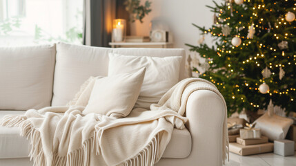 Ivory sofa with plush throw blanket near christmas tree. Hygge new year winter holiday home interior design of modern living room